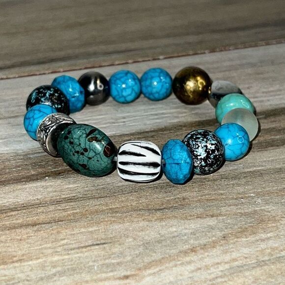Multi Stone Bead Bracelet Women’s Blue And Silver Tone Simulated Stone Bohemian - Picture 1 of 7